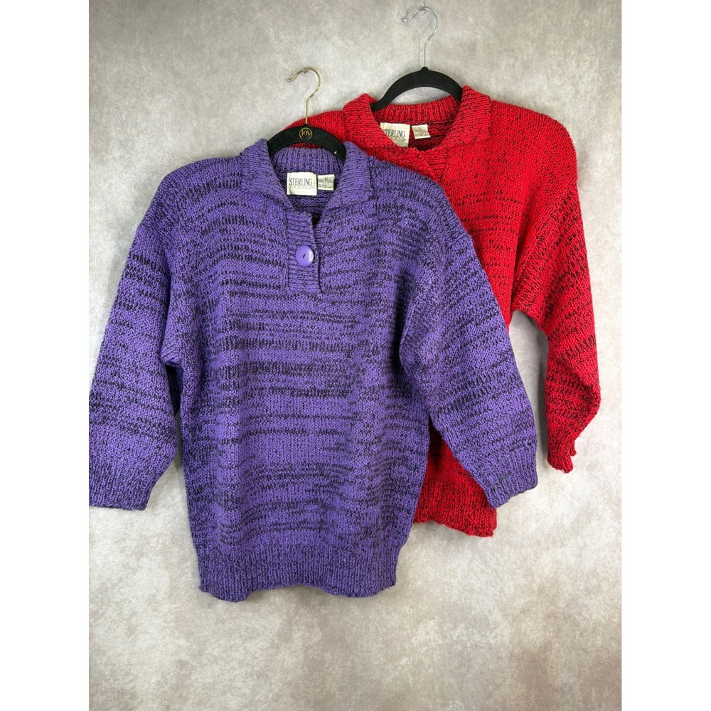 Vintage 90s Sterling Harris Sweater Women Large Purple Red Marled Knit 2 Pack